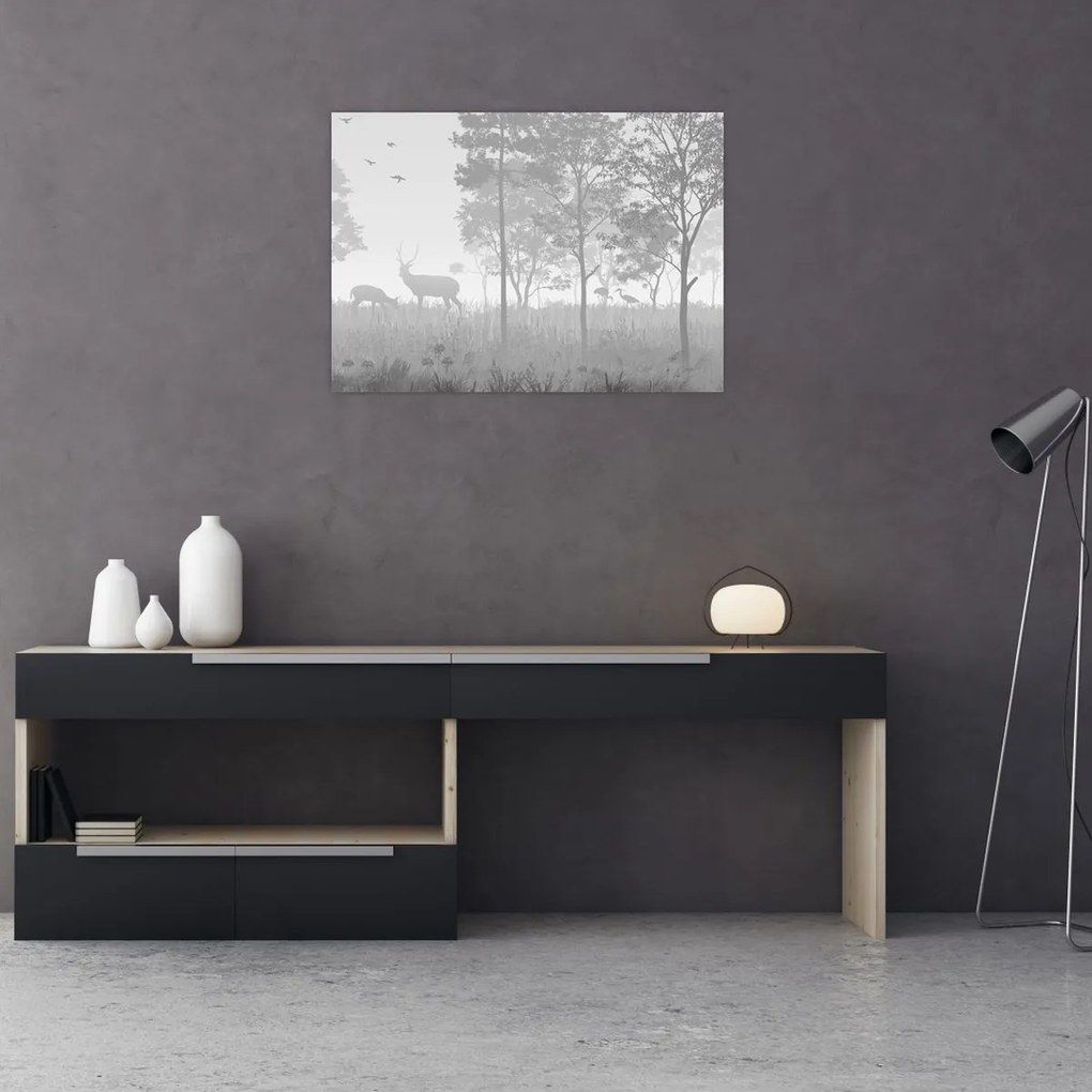 Tablou pe sticlă - Pajiște cu cerbi (70x50 cm)