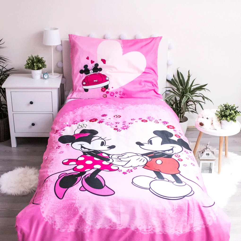 Lenjerie de pat microfibra copii MICKEY AND MINNIE LOVE roz Dimensiune lenjerie de pat: 70 x 90 cm | 140 x 200 cm