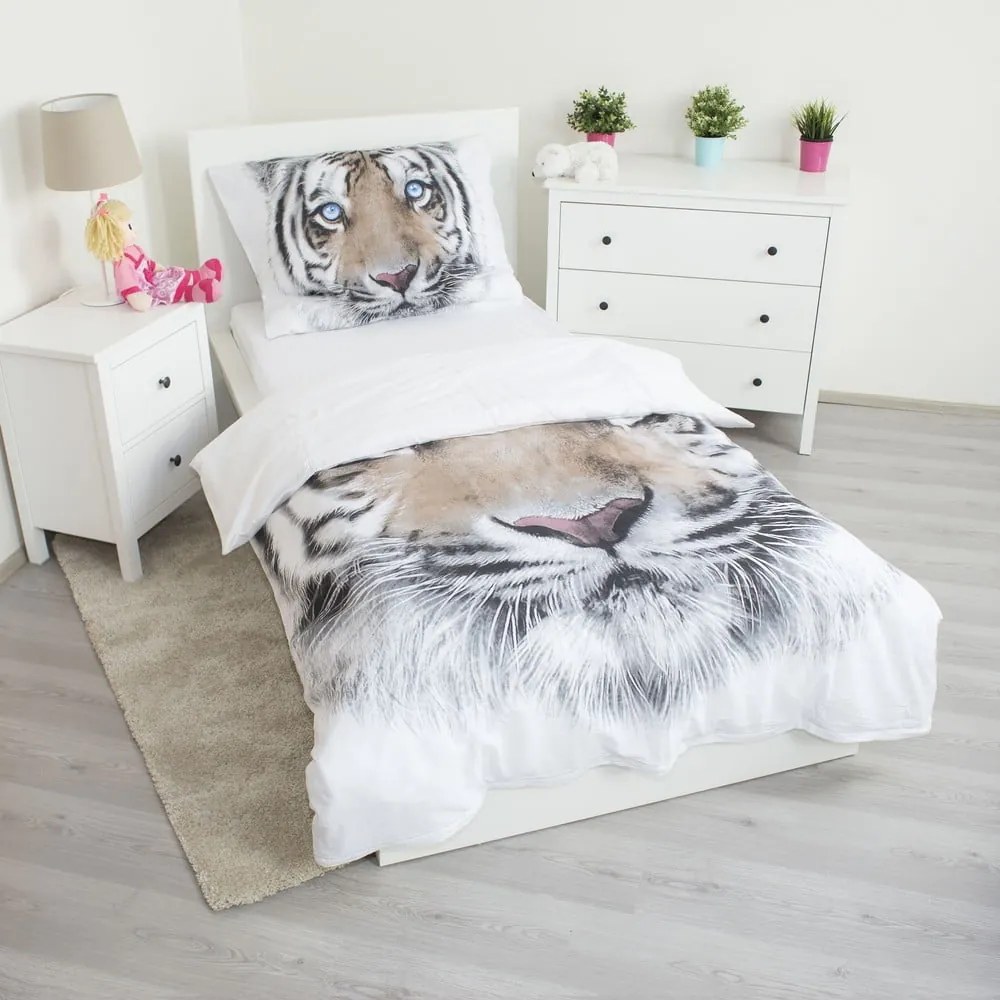 Lenjerie de pat pentru copii albă-gri din bumbac pentru pat de o persoană 140x200 cm White Tiger – Jerry Fabrics