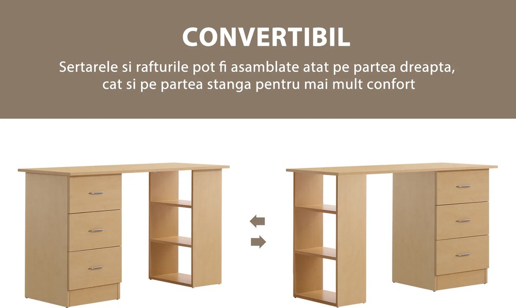 Homcom Birou modern cu 3 Sertare si Rafturi in Lemn Natural 120x49x72cm
