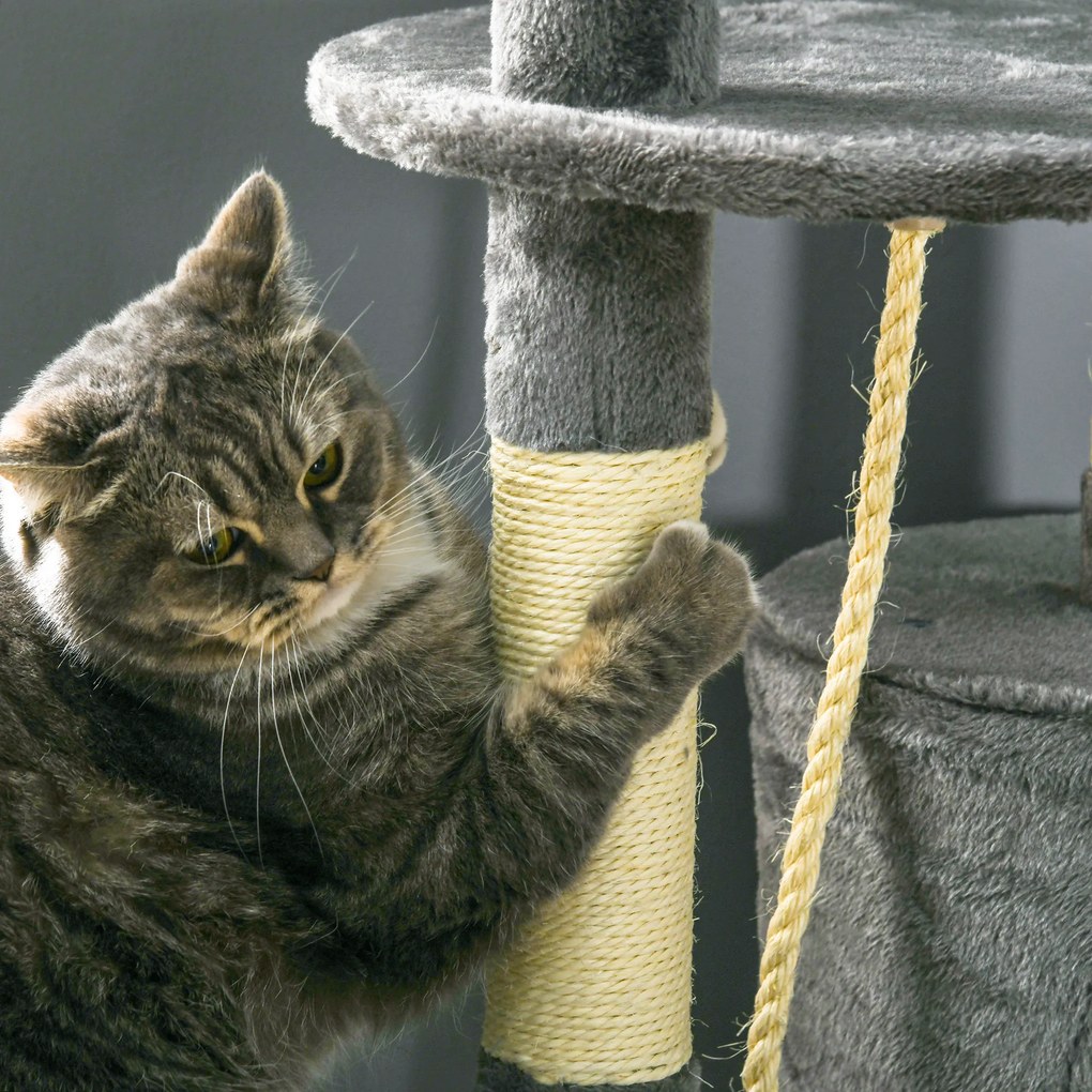 PawHut Rascador pentru Pisici Înălțime 116 cm Copac pentru Pisici cu Stâlpi de Sisal Peșteră Platforme și Jucării Gri închis | Aosom Romania
