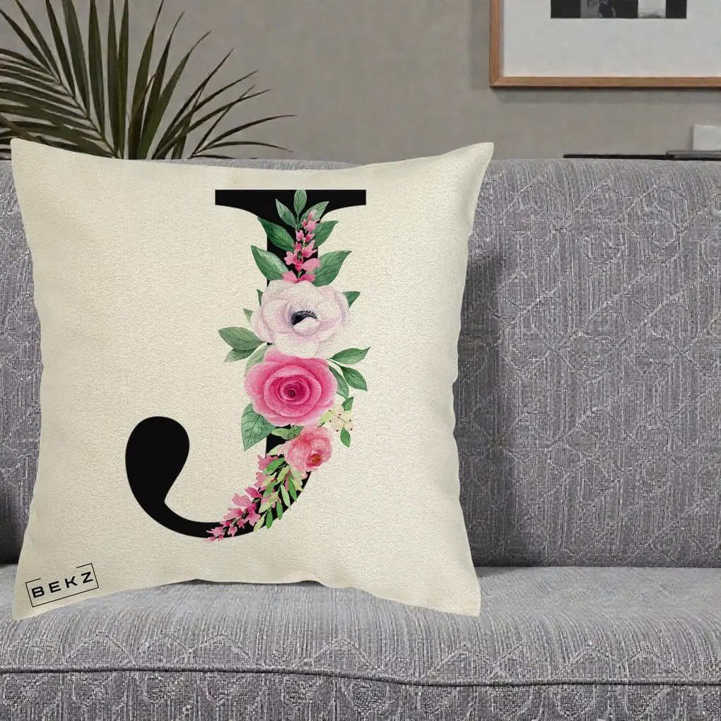 Cadou Personalizat - Perna Personalizata Monograma Florala Litera J, 40x40 cm, Ecru, Husa Detasabila, Perna Inclusa, BEKZ®