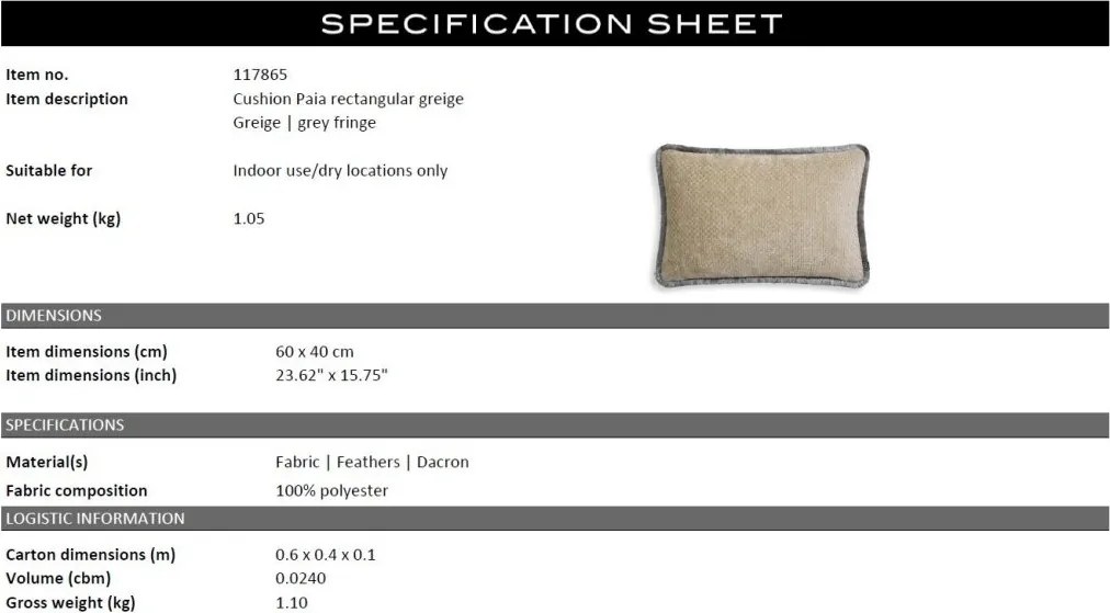 Perna design lux Paia greige rectangular 60x40cm