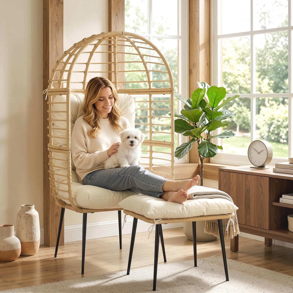 Outsunny Fotoliu de grădină cu taburet PE-Rattan, fotoliu în formă de ou cu perne lungi &amp; groase, cadru metalic Bej | Aosom Romania