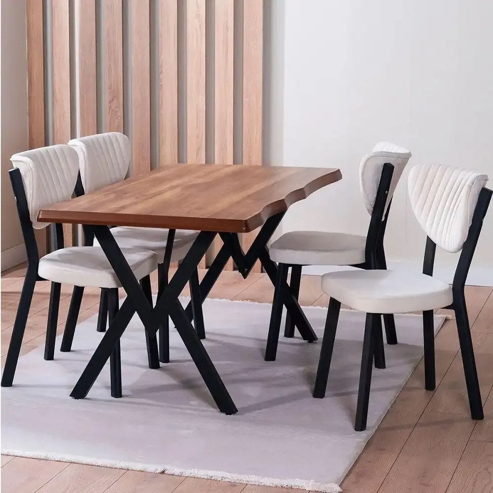 Set Masa de bucatarie Barton din MDF cu 4 Scaune din metal, nuc si bej, 140 cm