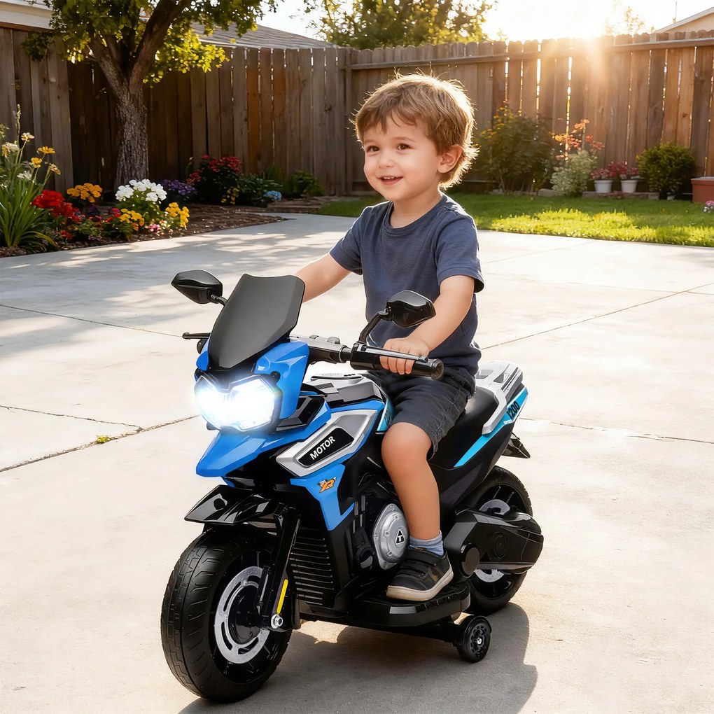 AIYAPLAY Motocicletă Electrică pentru Copii 18-36 Luni, 6V Motocicletă Electrică pentru Copii cu Roți Detașabile, Faruri, Muzică, 2.4 km/h Mini Motocicletă cu Far, Max 30kg, Albastru | Aosom Romania