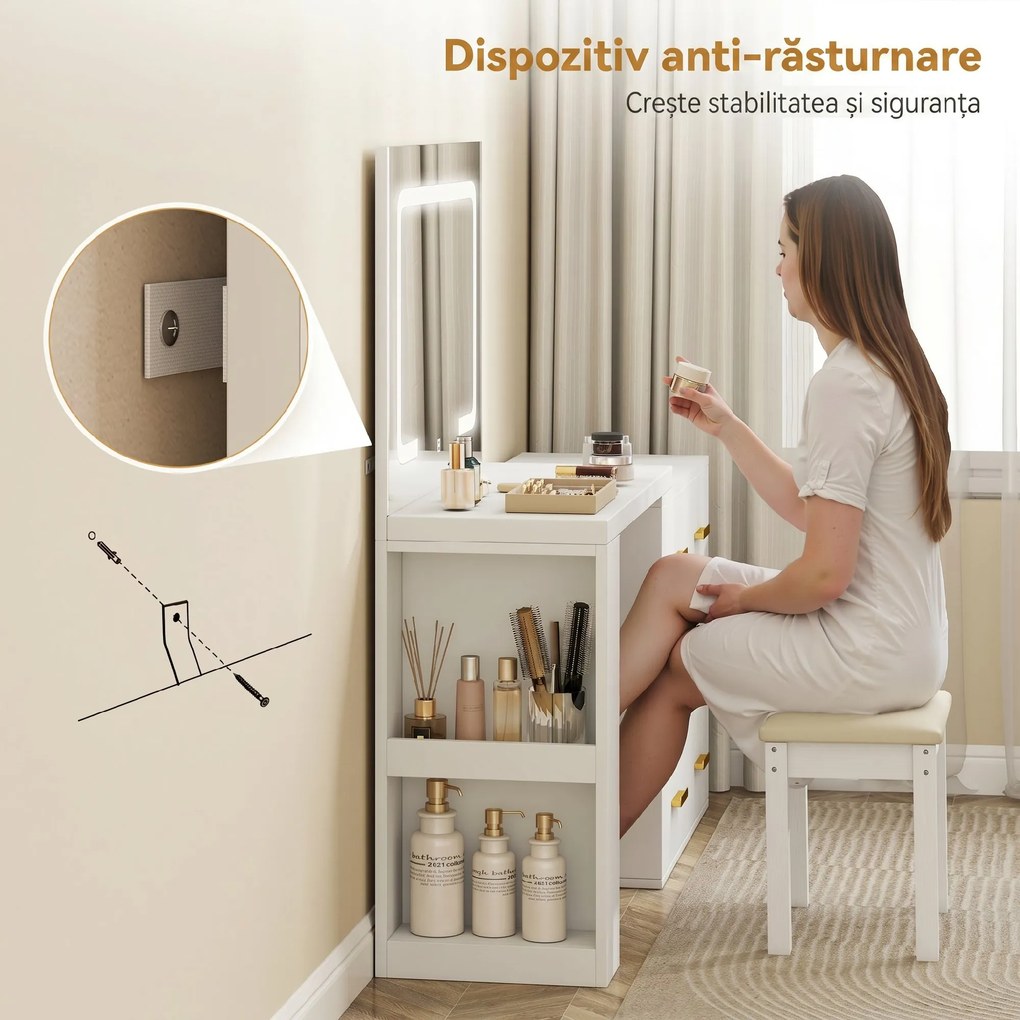 HOMCOM Stație de Machiaj cu Lumini LED, 3 Culori, Luminozitate Reglabilă, Toaletă Convertibilă cu Prize Electrice, 6 Sertare Soft Close, Oglindă, Rafturi Deschise, pentru Dormitor, Alb | Aosom Romania