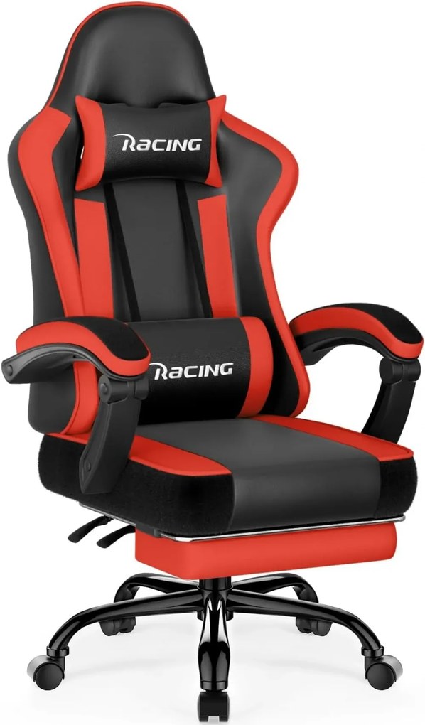 Scaun gaming, Masaj în perna lombară, Suport picioare, Rabatabil 90-165°, piele PU, Negru/Rosu