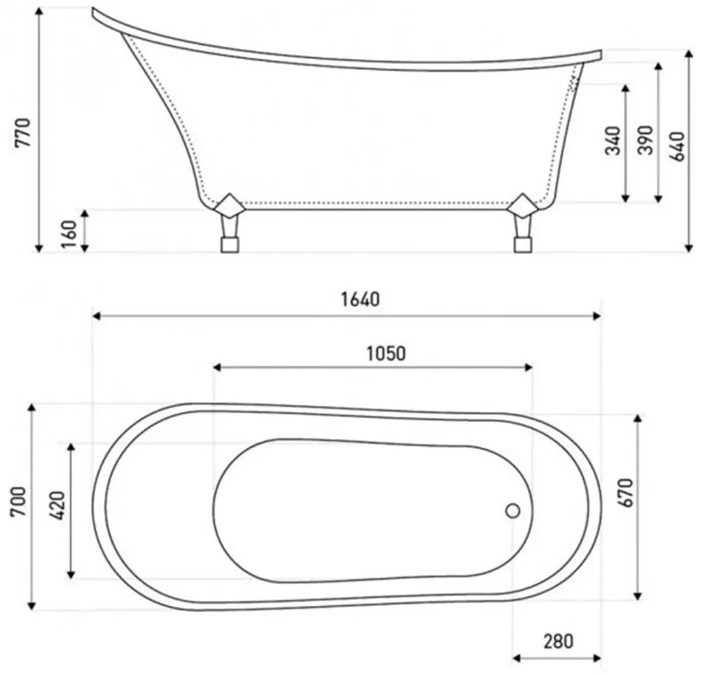 Antica cadă de baie independentă cu picioare și scurgere din cupru antic