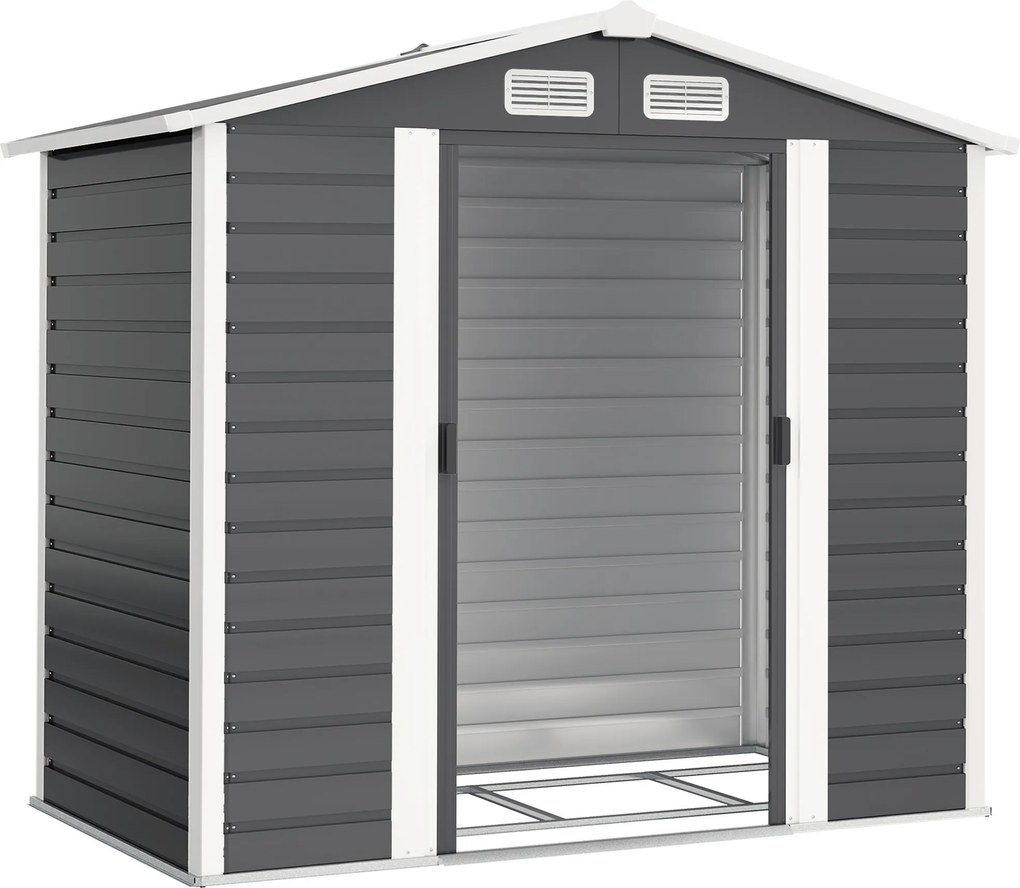 Outsunny Magazie de Grădină din Tablă de Oțel cu 4 Orificii de Ventilație și 2 Uși Glisante, 213x120x194 cm, Gri Închis | Aosom Romania