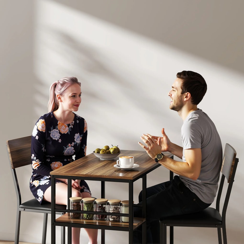 HOMCOM Masă de Bar cu 3 Rafturi și 2 Scaune cu Suport pentru Picioare și Spătar, din Lemn și Oțel, Negru și Nuc | Aosom Romania