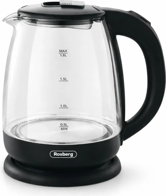 Cana electrica Rosberg R51230AE, 1500 W, 1,8 l, Element de incalzire incorporat, Sticla, Indicator, Negru