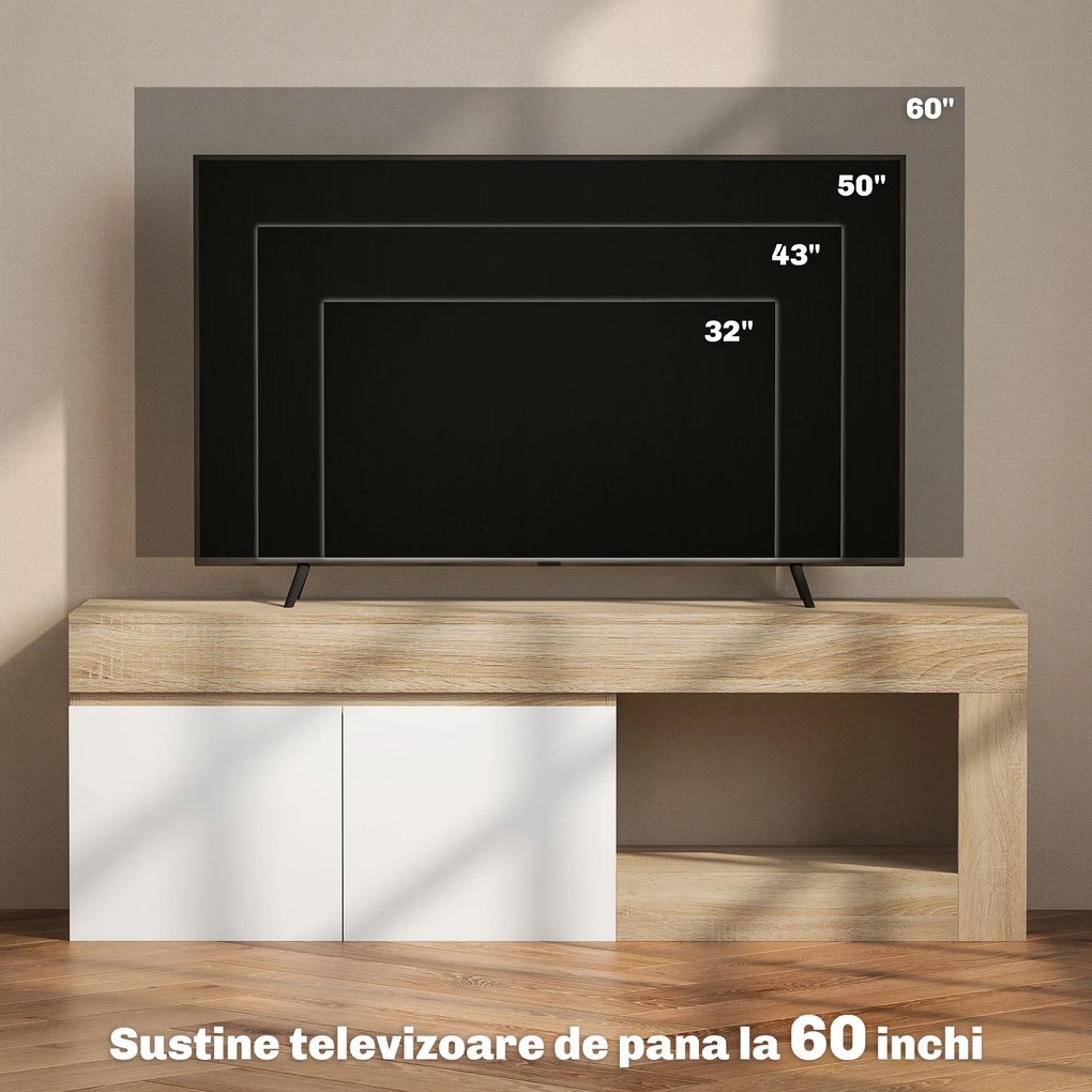 HOMCOM Dulap pentru TV de 60" cu Dulăpior, 2 Uși și Raft Deschis, Mobilier TV din Lemn, 140x40x48 cm, Lemn Natural | Aosom Romania