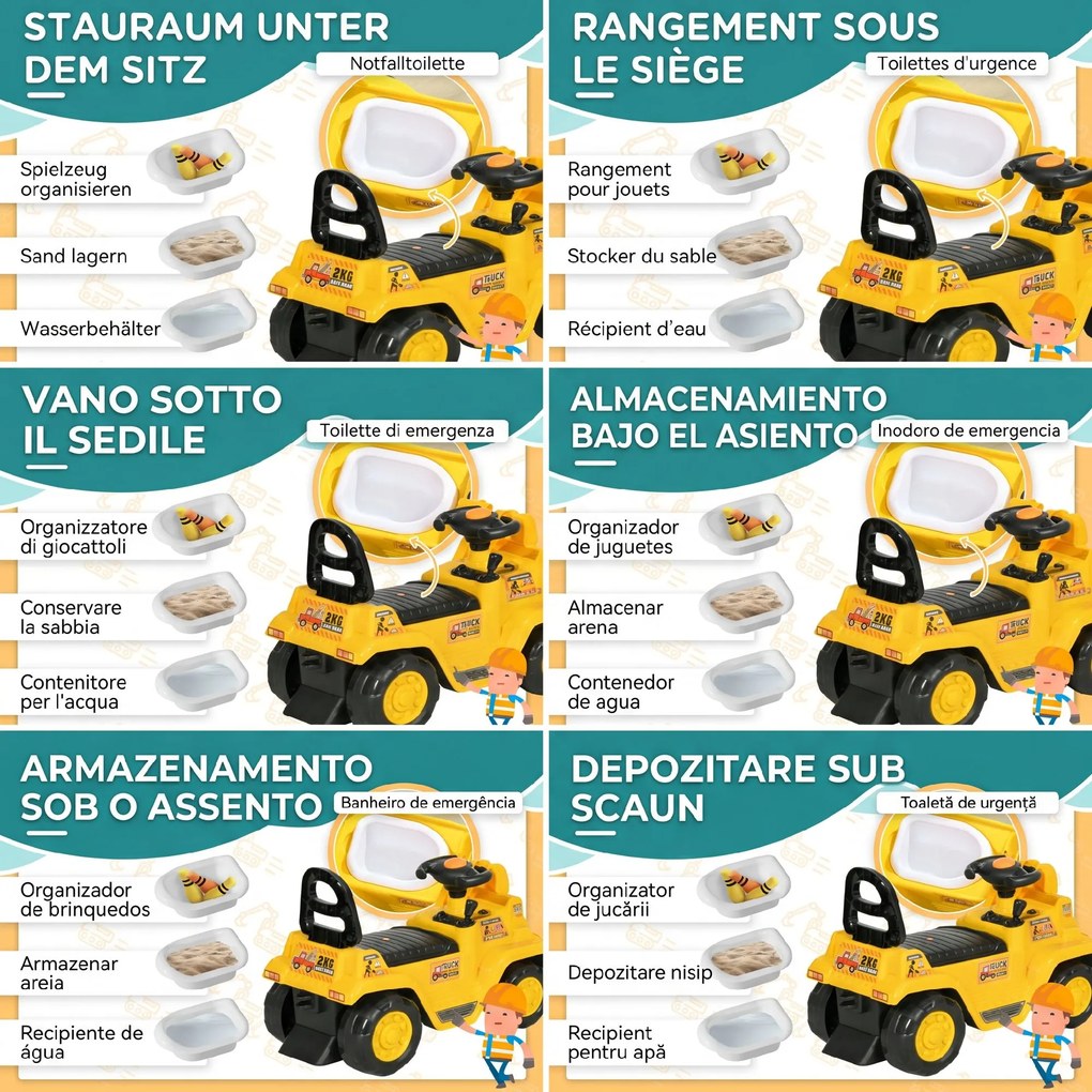 HOMCOM Excavator pentru Copii cu Cupă, Spătar și Spațiu de Depozitare Ascuns, Buldozer de Jucărie în PP și ABS, 80x26.5x39 cm, Galben și Negru | Aosom Romania