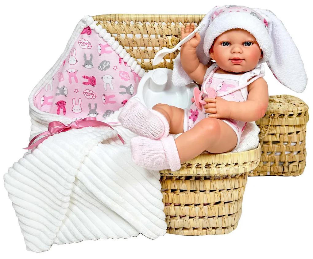 Papusa Nines D'Onil, Little Bunny, bebelus RN, cu hainute roz, cu paturica, cu miros de vanilie, 37 cm