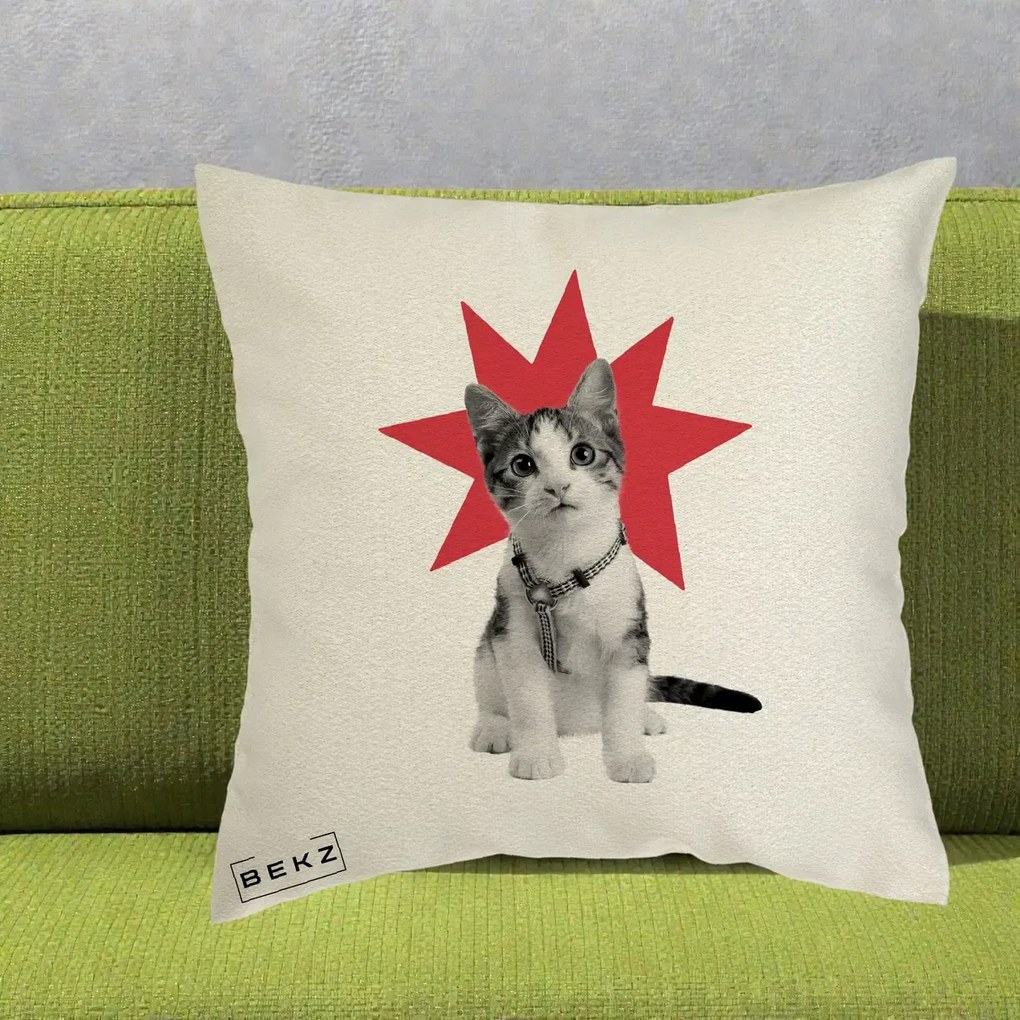 Perna Decorativa Pisica Star Pop Art, 40x40 cm, Ecru, Husa Detasabila, Perna Inclusa, BEKZ®