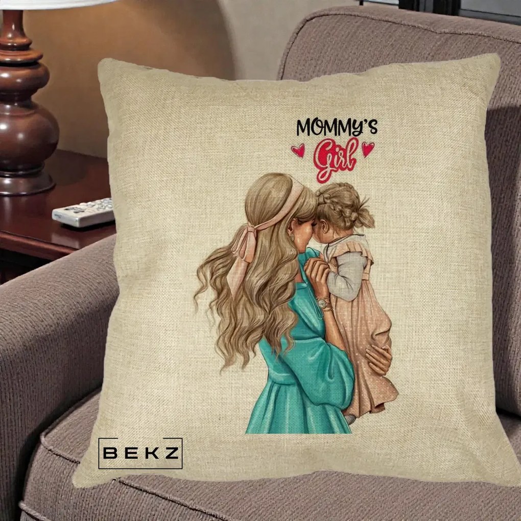 Cadou pentru Mama - Perna Personalizata Mommy's Girl Mama si Fetita, 40x40 cm, Crem, Husa Detasabila, Perna Inclusa, BEKZ®