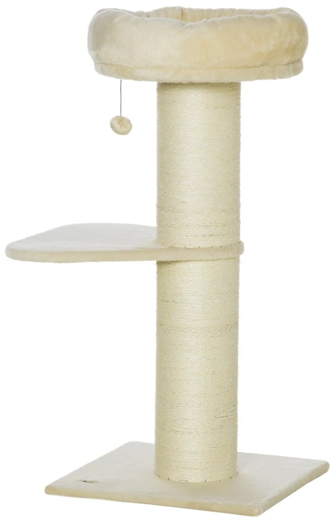 PawHut Copac pentru pisici grifou sisal natural 2 platforme coș observație jucărie bilă suspendată pluș bej | Aosom Romania