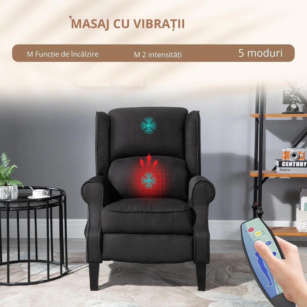 Fotoliu de Relaxare cu Masaj și Încălzire HOMCOM, Reclinabil, cu Telecomandă, 78x83x101cm, Negru | Aosom Romania
