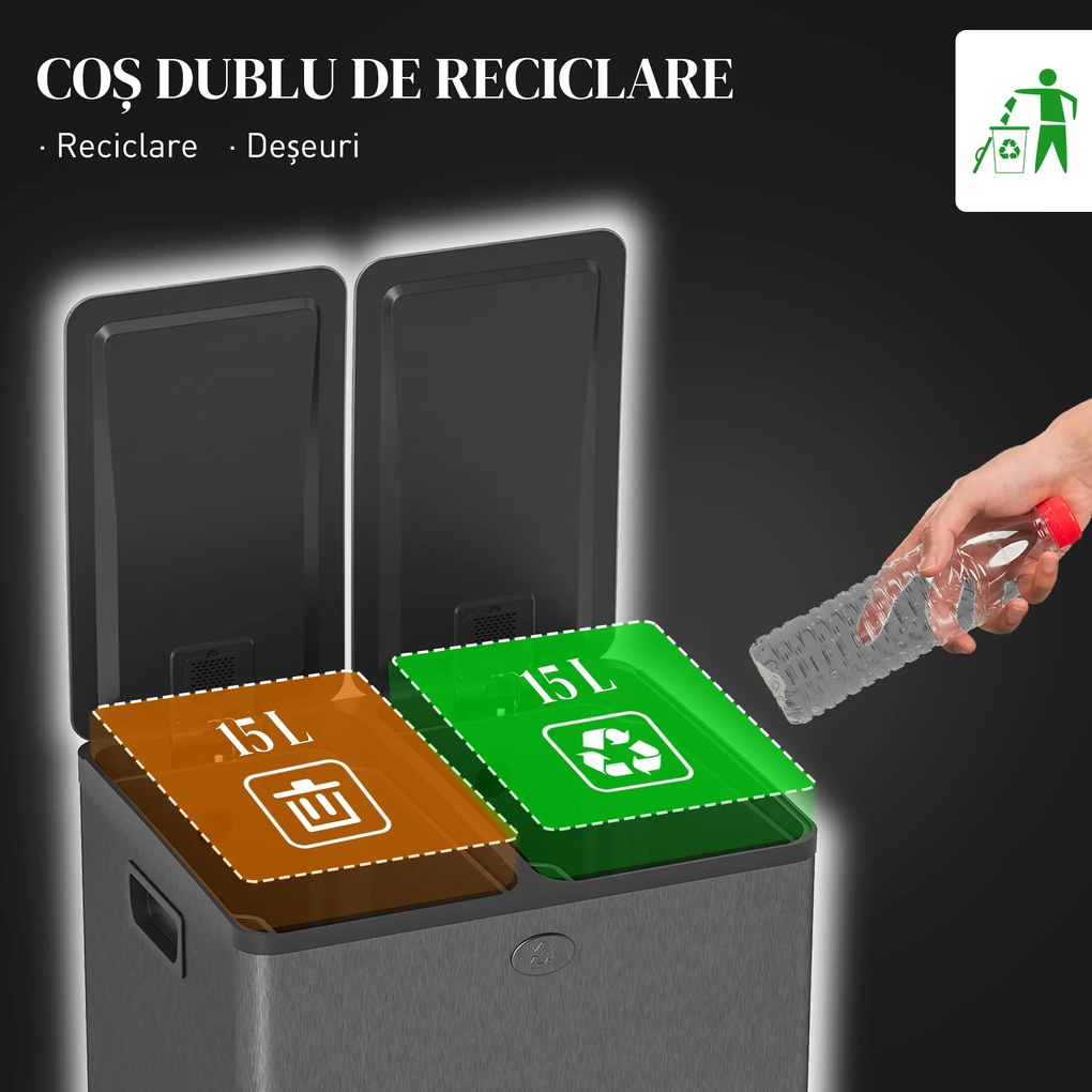 HOMCOM Coș de bucătărie dublu, 2 x 20L, cu pedală, capac cu închidere moale, găleți interioare detașabile, rezistent la amprente, Argintiu | Aosom Romania