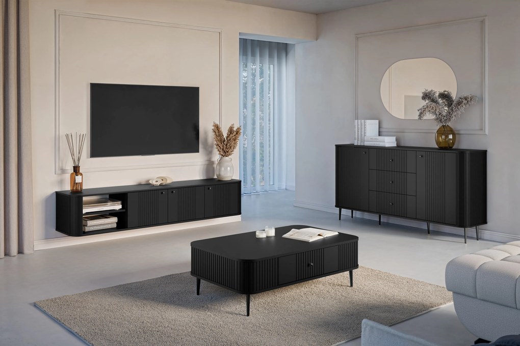 Comodă cu sertare Vesper 160 cm pe picioare - negru / picioare negre
