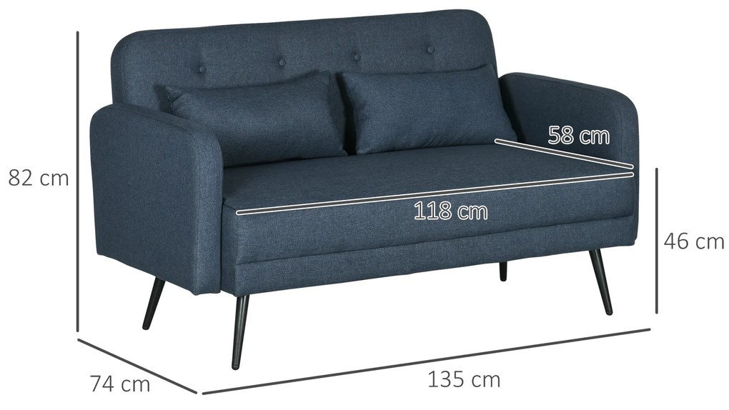 Canapea de 135cm pentru Dormitor cu 2 Locuri, Perne Decorative, Placaj si Otel, Tesatura moale, Albastru Inchis HOMCOM | Aosom Romania