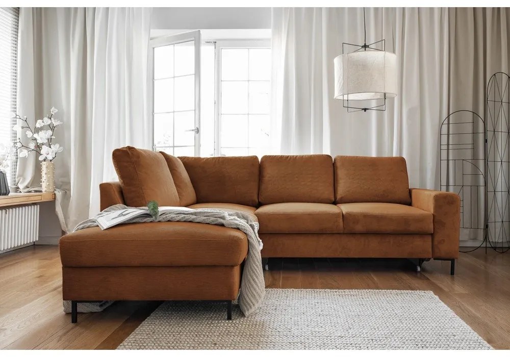 Colțar portocaliu/maro extensibil cu tapițerie din catifea reiată (cu colț pe partea stângă ) Lofty Lilly – Miuform