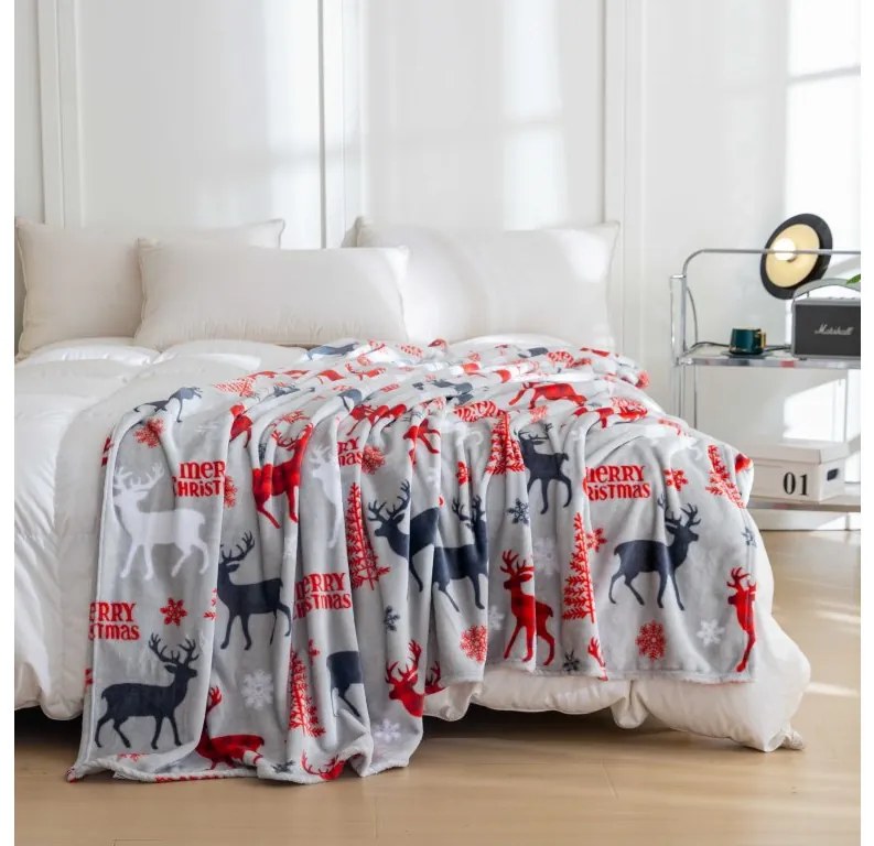 2x Patura de microfleece gri de Craciun MERRY CHRISTMAS DEER 160x200 cm