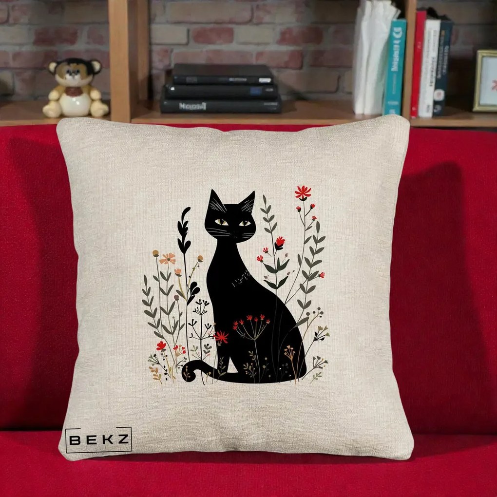 Perna Decorativa Pisica Neagra Botanica Rosu-Gri, 40x40 cm, Bej Canapea, Husa Detasabila, Perna Inclusa, BEKZ®