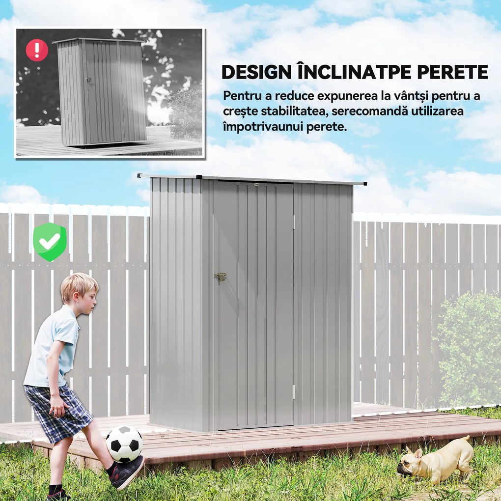 Outsunny Șopron de Grădină 1,07m² din Oțel Galvanizat, Depozit pentru Unelte cu Ușă Blocabilă și Acoperiș Înclinat, 142x86x189 cm, Argintiu | Aosom Romania