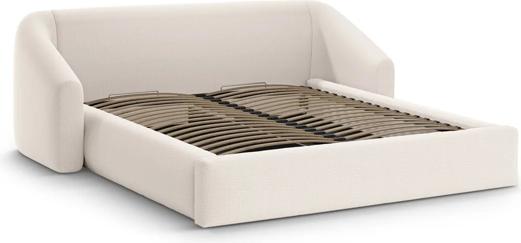 Pat tapitat cu somiera rabatabila si lada depozitare, 160x200 cm, Windsor & Co, Halo, tesatura structurata, bej deschis