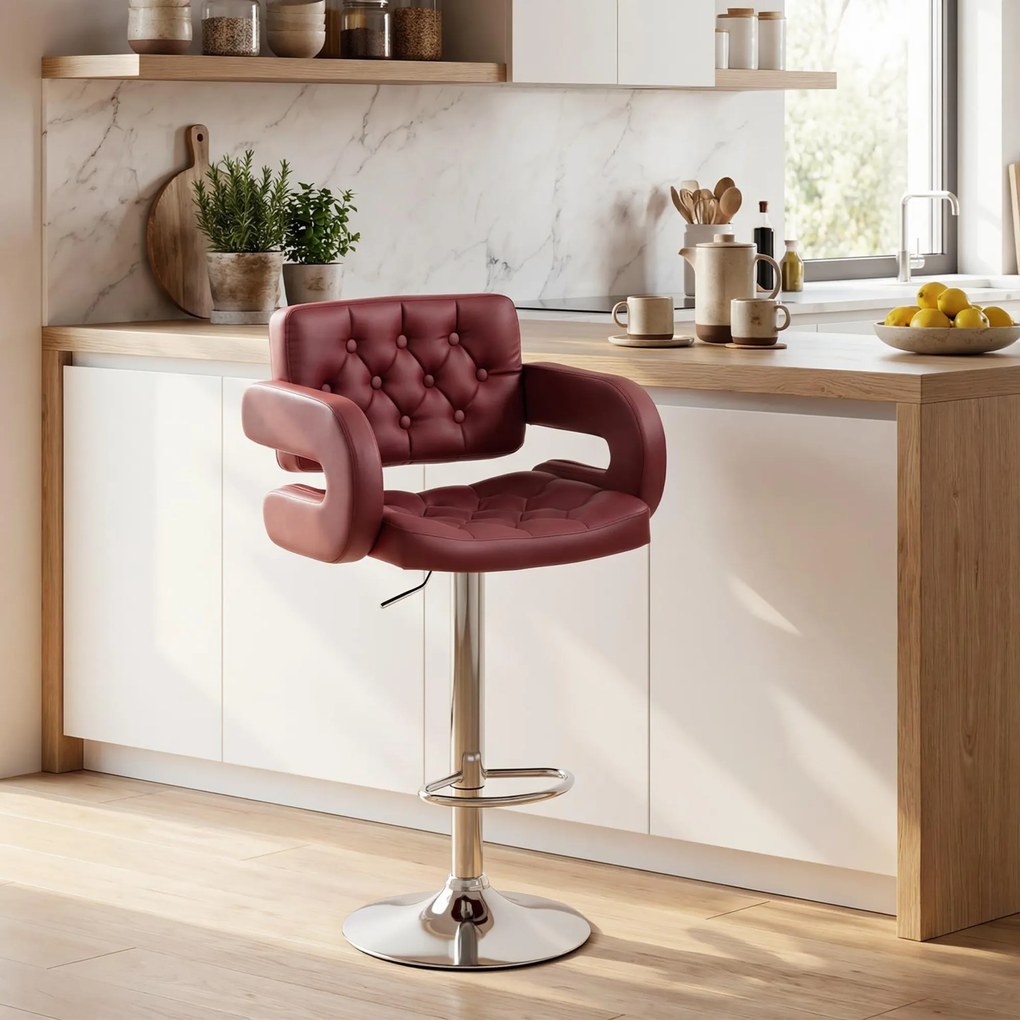 HOMCOM Scaun de Bar cu Înălțime Reglabilă, Scaun de Bucătărie Înalt din PU cu Spătar, Suport pentru Picioare, Cotiere și Șezut Confortabil, Structură Metalică, Rotativ la 360°, pentru Insulă, Roșu Vin | Aosom Romania