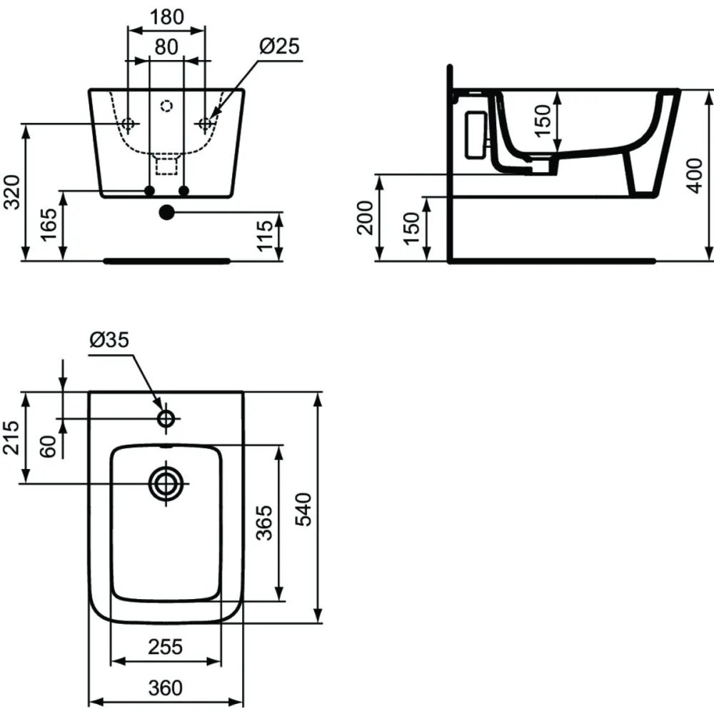 Bideu suspendat, 360x540 mm, cu preaplin, orificiu pentru baterie, alb