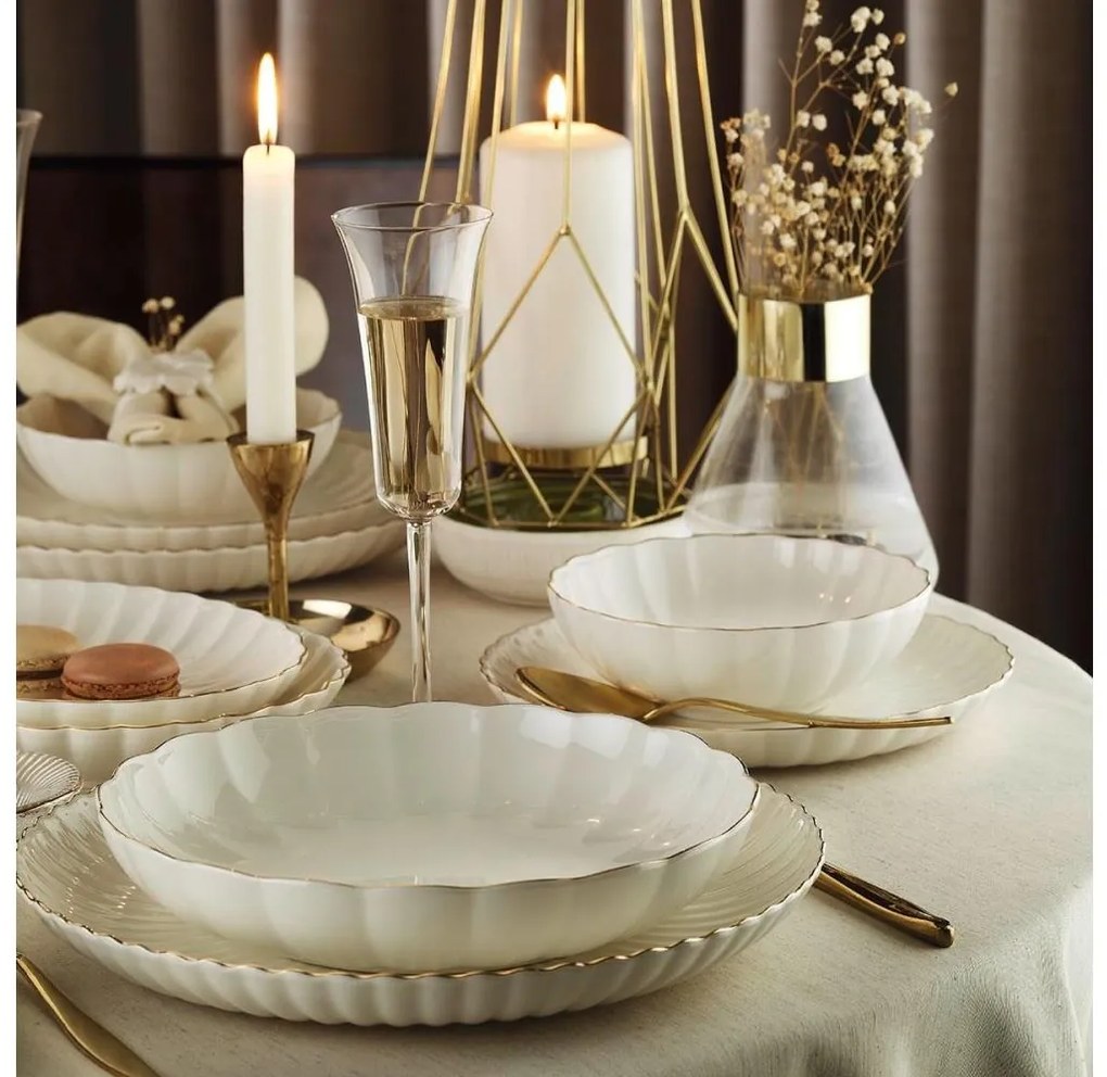Set de masă 27 piese din porțelan, alb cu accente aurii