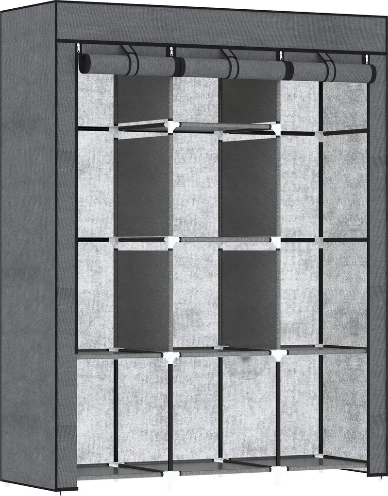 HOMCOM Dulap din Material Textil cu Bază Înălțată, 8 Rafturi și 2 Bare, 125x43x162.5 cm, Gri Închis | Aosom Romania