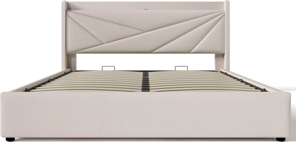 Pat dublu cu ladă de depozitare, funcție de încărcare USB Tip C, din bumbac și in, fără saltea, 160x200 cm, Bej