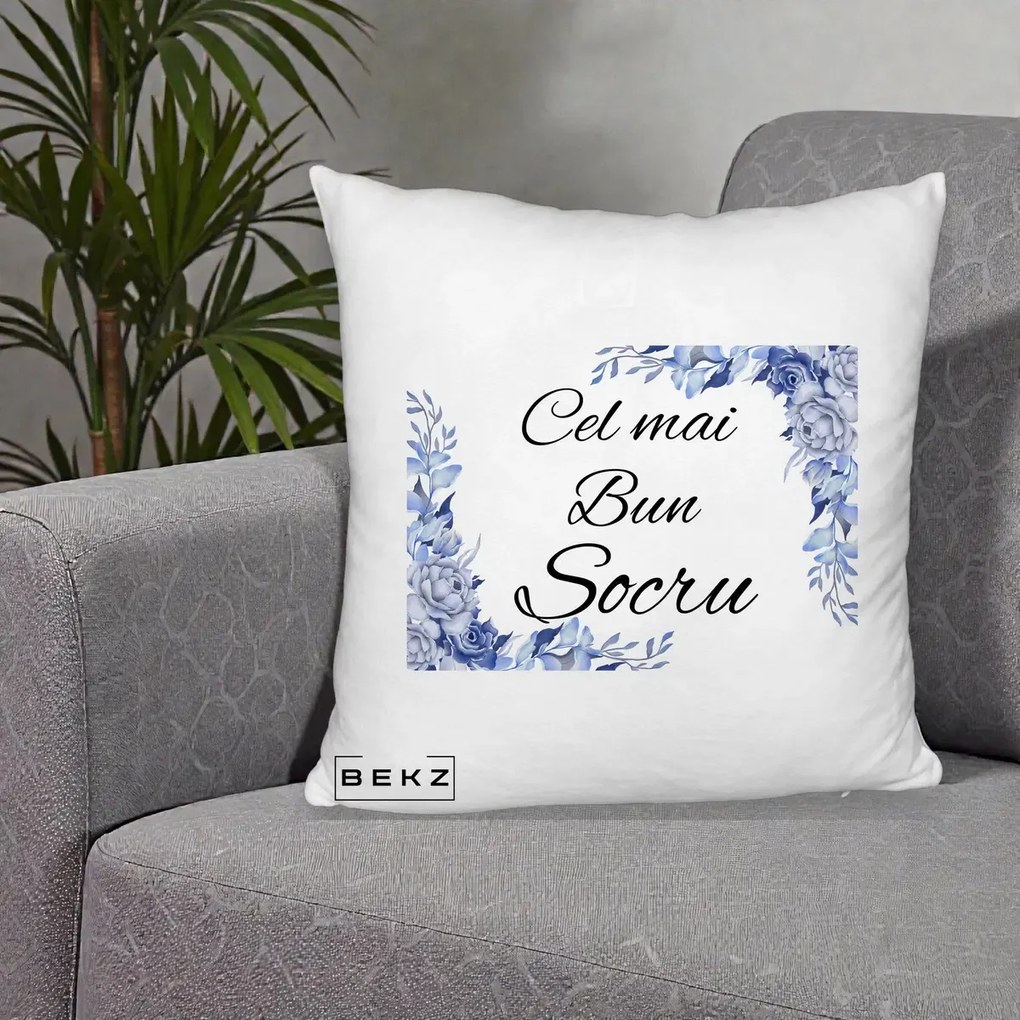 Cadou pentru Socru - Perna Personalizata Cel mai Bun Socru cu Flori Albastre Acuarela, 40x40 cm, Alb Pufos, Husa Detasabila, Perna Inclusa, BEKZ®
