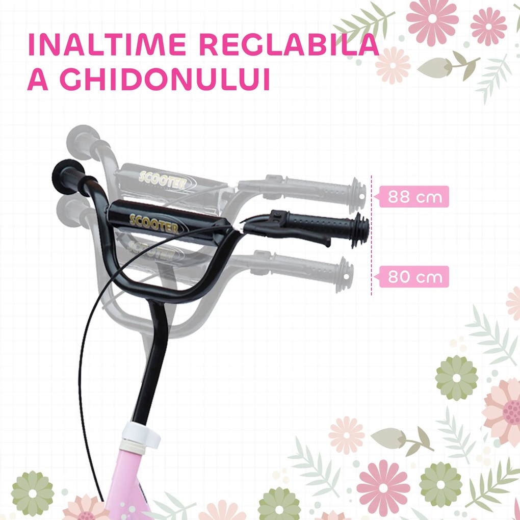 HOMCOM Trotinetă cu 2 Roți pentru Copii 5-12 Ani cu Frână Posterioară și Ghidon Reglabil, Trotinetă din Oțel și Plastic, 120x52x80-88 cm, Roz | Aosom Romania