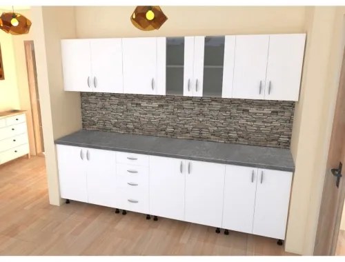 Bucatarie Alfa 2.6 metri PAL alb cu blat Beton