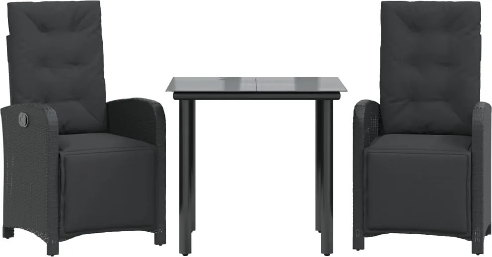 vidaXL Set bistro cu perne, 3 piese, negru, poliratan