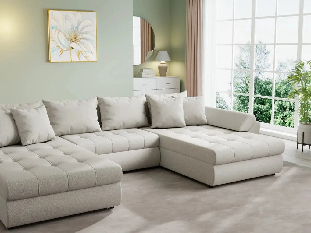 Colțar extensibil dumonde cu ladă de depozitare si sezut confortabil din spuma high-density, Loana U Enjoy Bej 355x185 cm