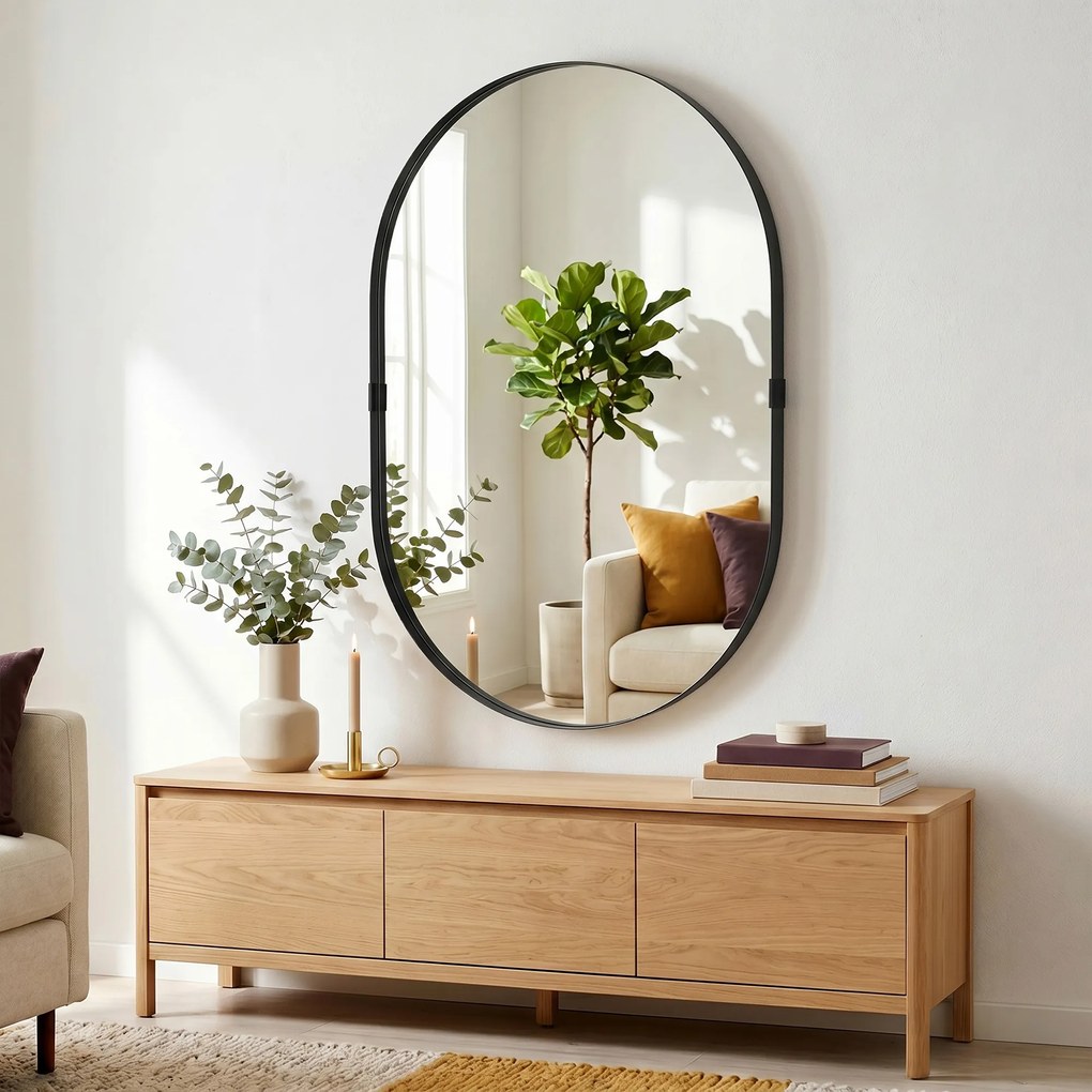 HOMCOM Oglindă de perete, oglindă decorativă 60 x 90 cm din sticlă securizată cu cadru din aluminiu, pentru dormitor, living, hol, negru | Aosom Romania