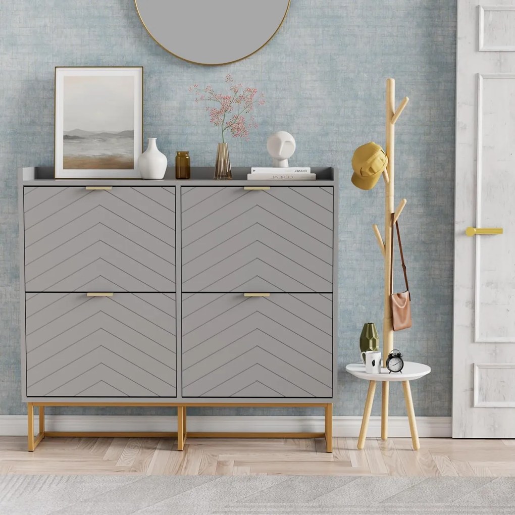 PANN5 - Pantofar 100 cm ingust, 4 compartimente, pantofare, depozitare pantofi, mobilier hol - Negru / Albastru / Gri - Auriu