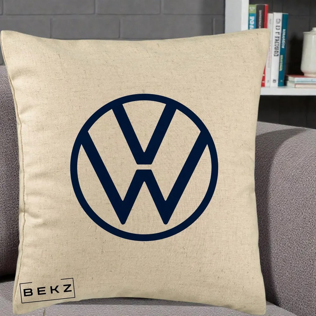Perna Personalizata cu emblema Volkswagen, 40x40 cm, Bej, Husa Detasabila, Perna Inclusa, BEKZ®