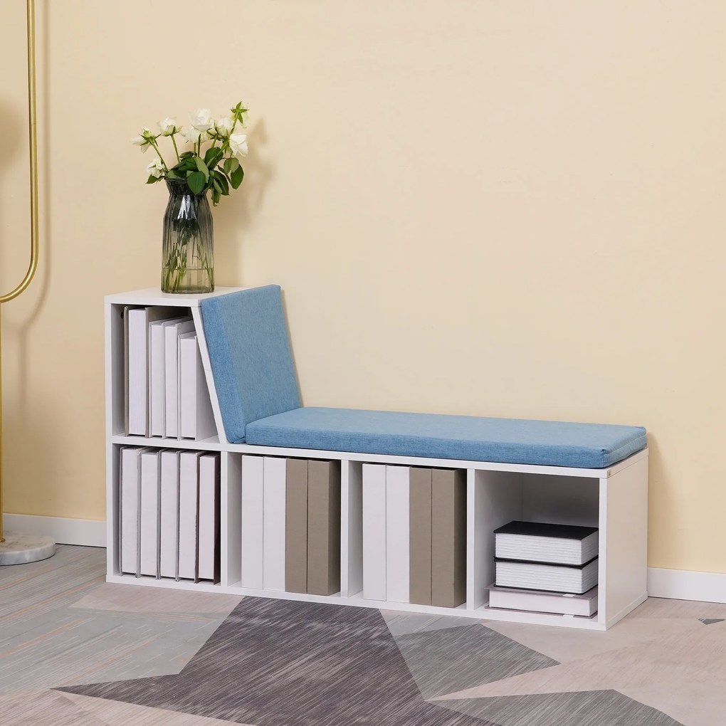 HOMCOM Biblioteca banc 2 in 1 cu 5 compartimente de depozitare si 2 perne 108 x 30 x 60 cm alb albastru | Aosom Romania