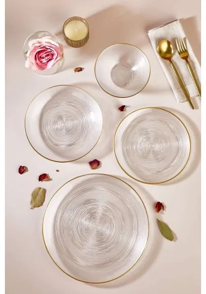Set de masă, 24 piese — sticlă transparentă cu accente aurii