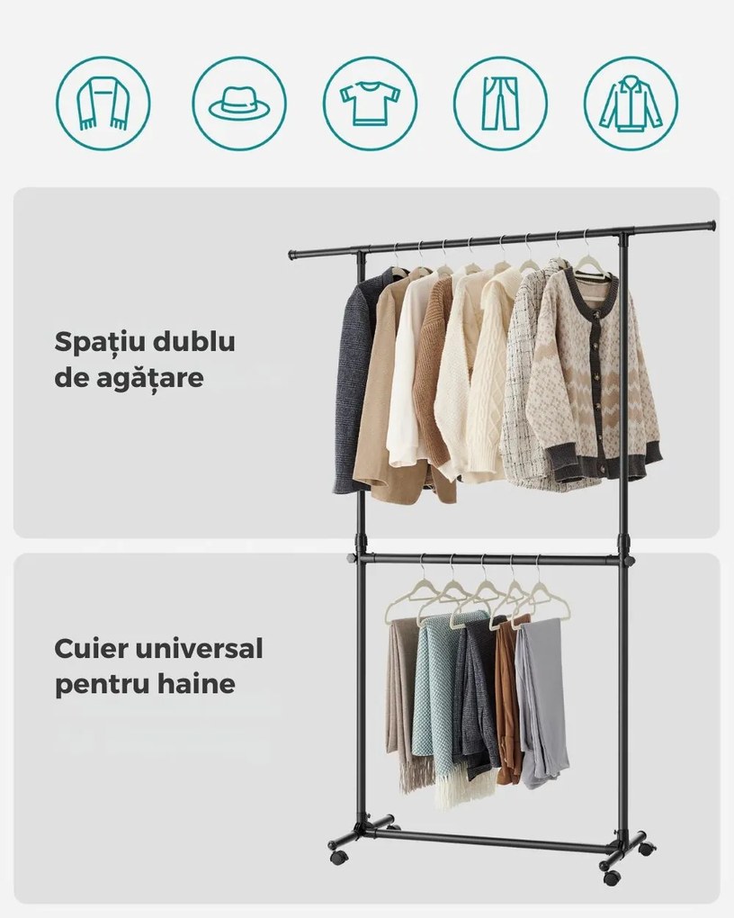 Suport pentru haine în două trepte JASON, 101-165x49x113-180cm, negru SongmicsHome