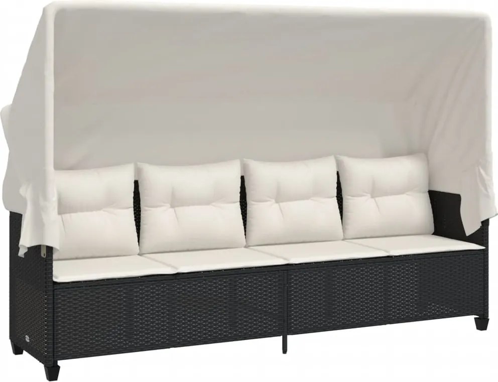 vidaXL Șezlong cu baldachin și perne, negru, poliratan