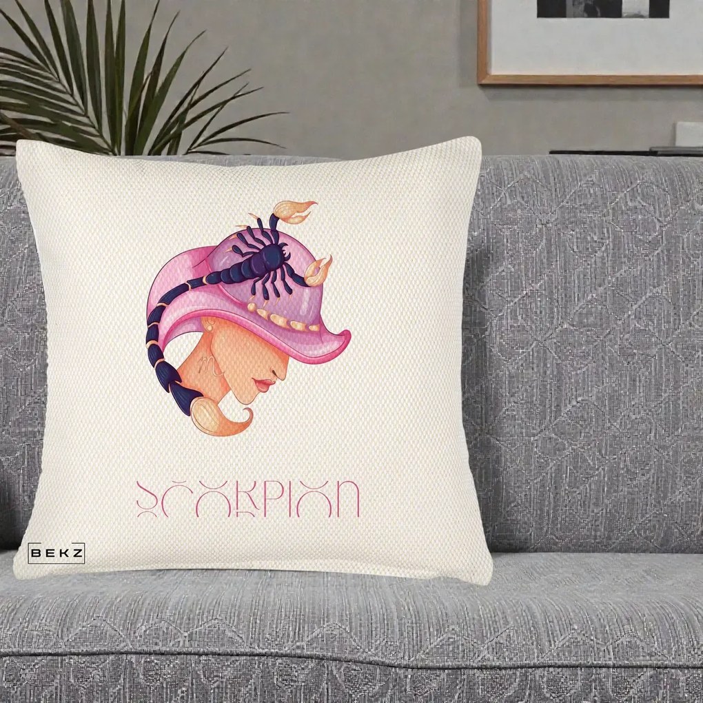 Perna Personalizata Zodiac Scorpion Cowgirl, 40x40 cm, Crem Reliefat, Husa Detasabila, Perna Inclusa, BEKZ®