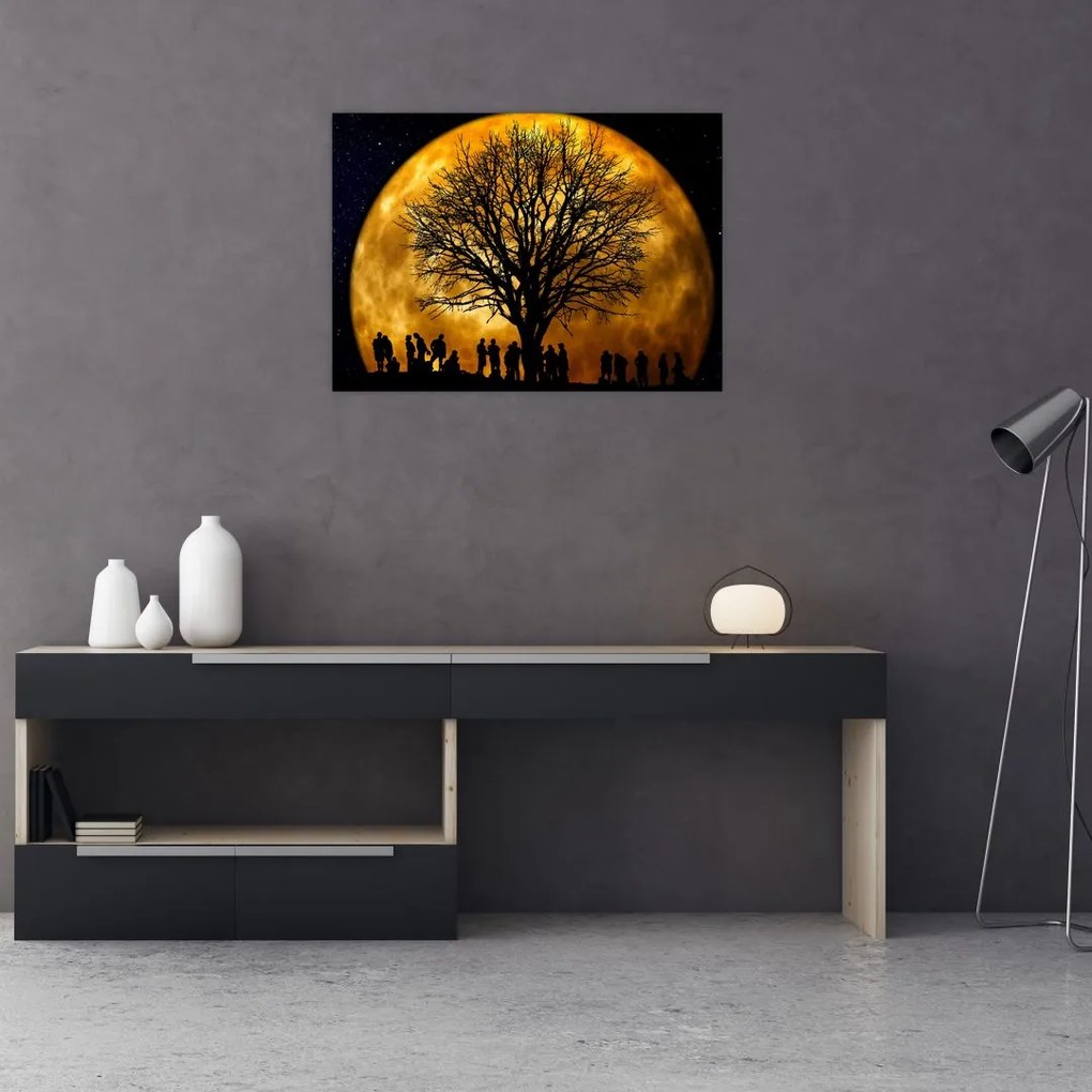 Tablou pe sticlă cu luna și siluete (70x50 cm)